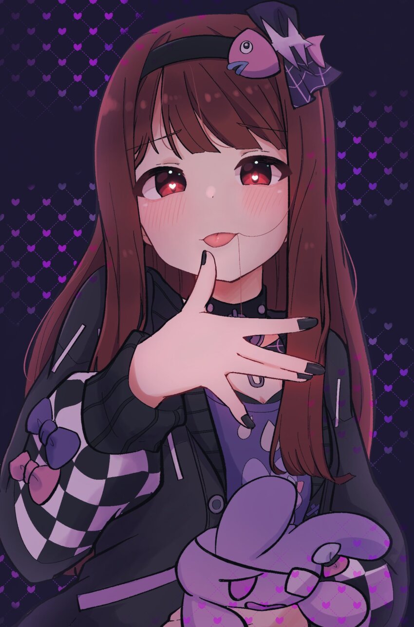 1girl, black_cardigan, black_choker, black_hairband, black_nails, blush, brown_hair, cait_sith47