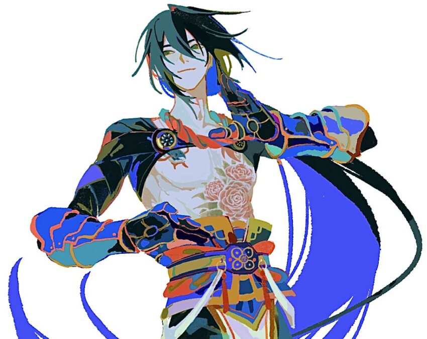 1boy, black_hair, epaya_hakase, fate/grand_order, fate_(series), fighting_stance, flower_tattoo, green_eyes