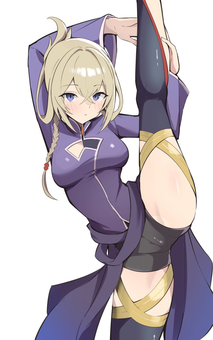 1girl, blonde_hair, blush, braid, breasts, hair_ornament, hair_rings, high_ponytail