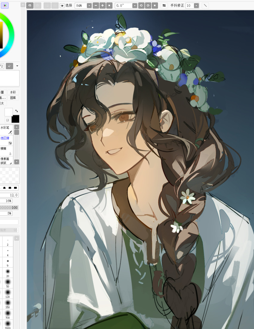 1girl, art_program_in_frame, blue_background, brown_eyes, brown_hair, dress, flower, flower_wreath