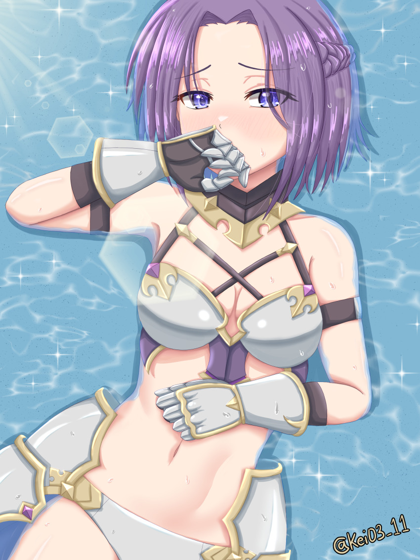 1girl, absurdres, arm_strap, armor, bikini, bikini_armor, blue_eyes, braid