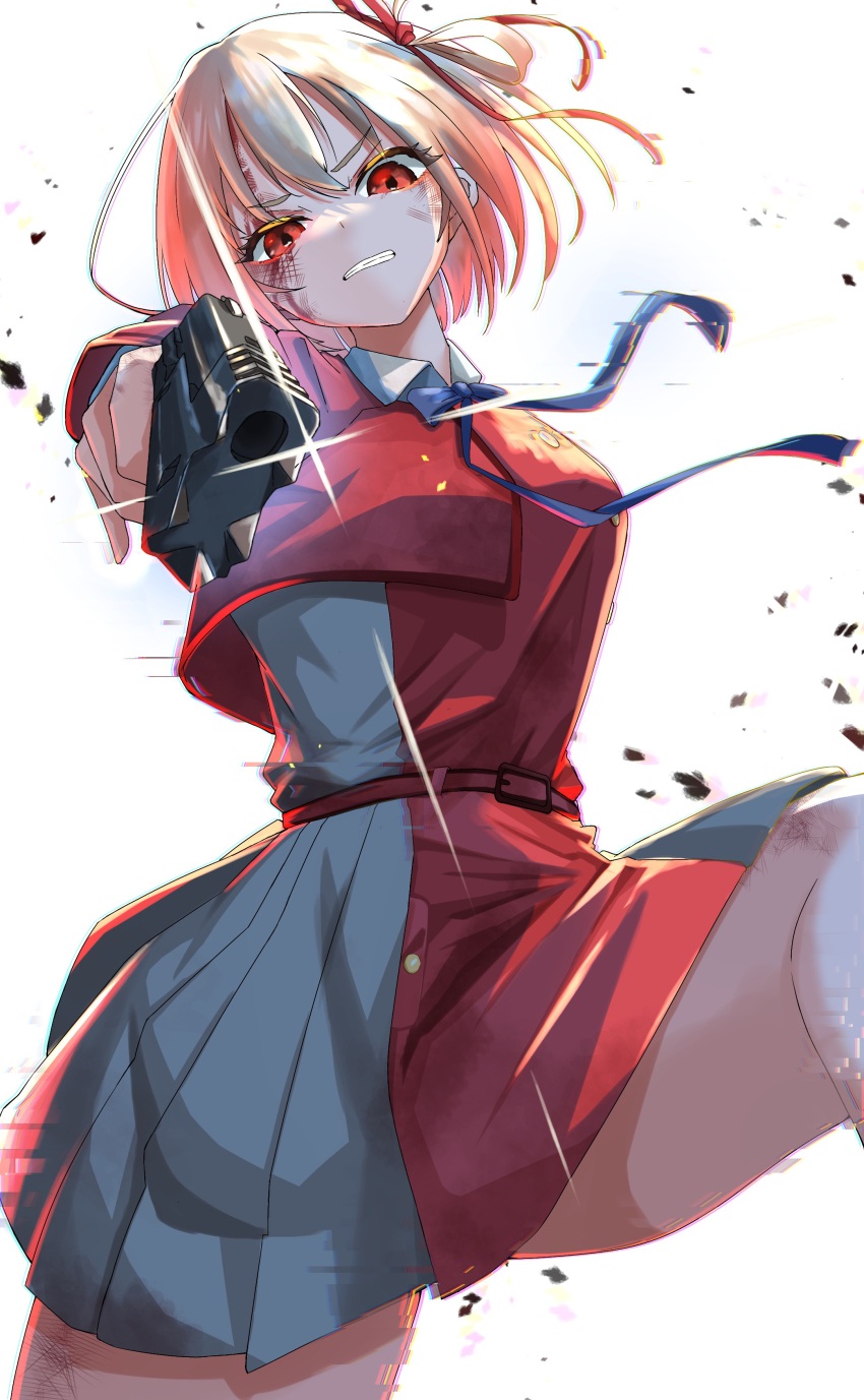1girl, absurdres, aiming, aiming_at_viewer, blonde_hair, blood, blood_on_face, boco_deco