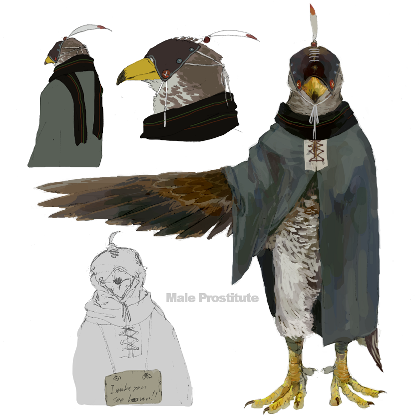 1boy, bird, bird_boy, black_cloak, brown_feathers, brown_wings, cloak, commentary_request