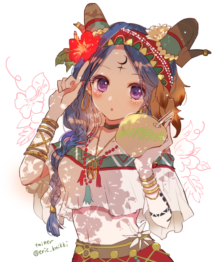 1girl, :o, armlet, black_choker, blue_hair, blush, bracelet, braid, choker, crop_top, crop_top_overhang, earrings, english_text, eric_knikki, facial_mark, fiona_gilman, fiona_gilman_(misfortune), flower, forehead_mark, goat_horns, green_trim, hair_flower, hair_ornament, hairband, head_tilt, hibiscus, hoop_earrings, horns, identity_v, jewelry, looking_at_viewer, multicolored_hairband, multiple_necklaces, necklace, off_shoulder, official_alternate_costume, pentagram_pendant, pointing, pointing_up, purple_eyes, red_flower, red_nails, side_braid, solo, striped_blush, tattoo, tribal_tattoo, twitter_username, upper_body, white_flower