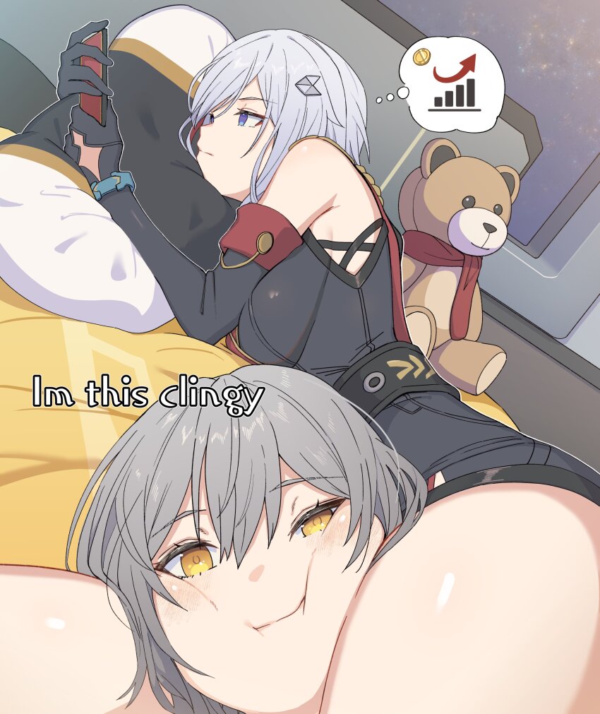 2girls, absurdres, bar_chart, bare_shoulders, between_thighs, black_gloves, blue_eyes, cellphone