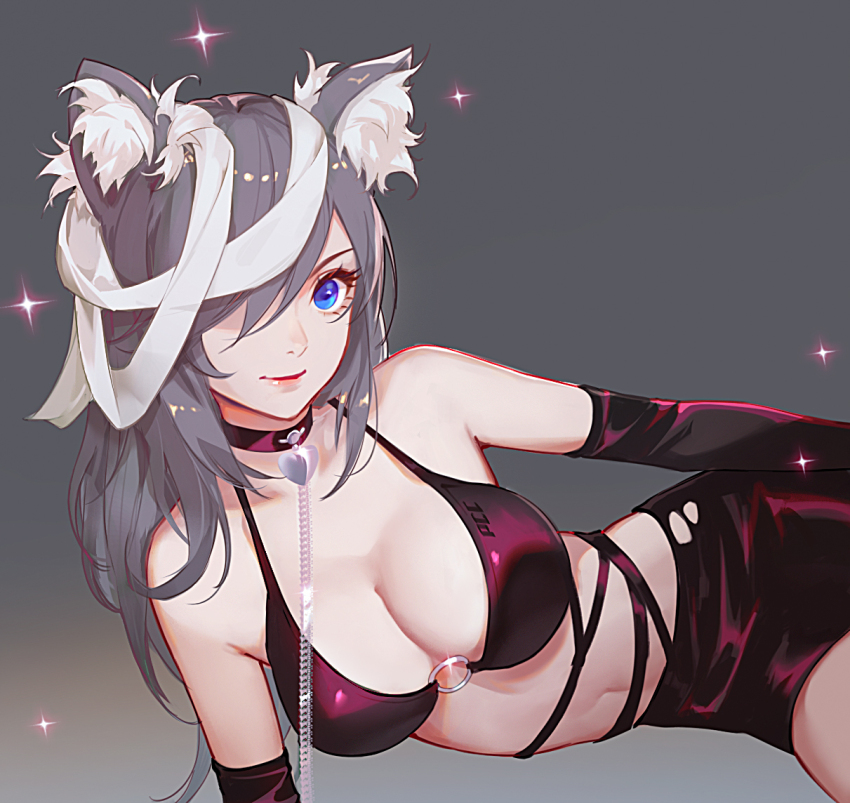 1girl, animal_ear_fluff, animal_ears, bikini, black_bikini, black_choker, black_skirt, blue_eyes