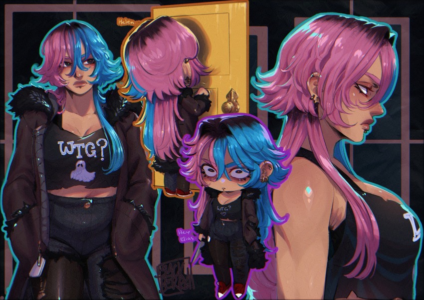 1girl, black_pantyhose, blackberreh-art, blue_hair, breasts, cleavage, coat, dark-skinned_female, dark_skin, design_speculation, door, earrings, eyelashes, face_piercing, goth_fashion, highres, jewelry, labret_piercing, large_breasts, lips, long_hair, medium_breasts, melanie_king, multicolored_hair, pants, pantyhose, piercing, pink_hair, plump, roots_(hair), split-color_hair, the_magnus_archives, thick_lips