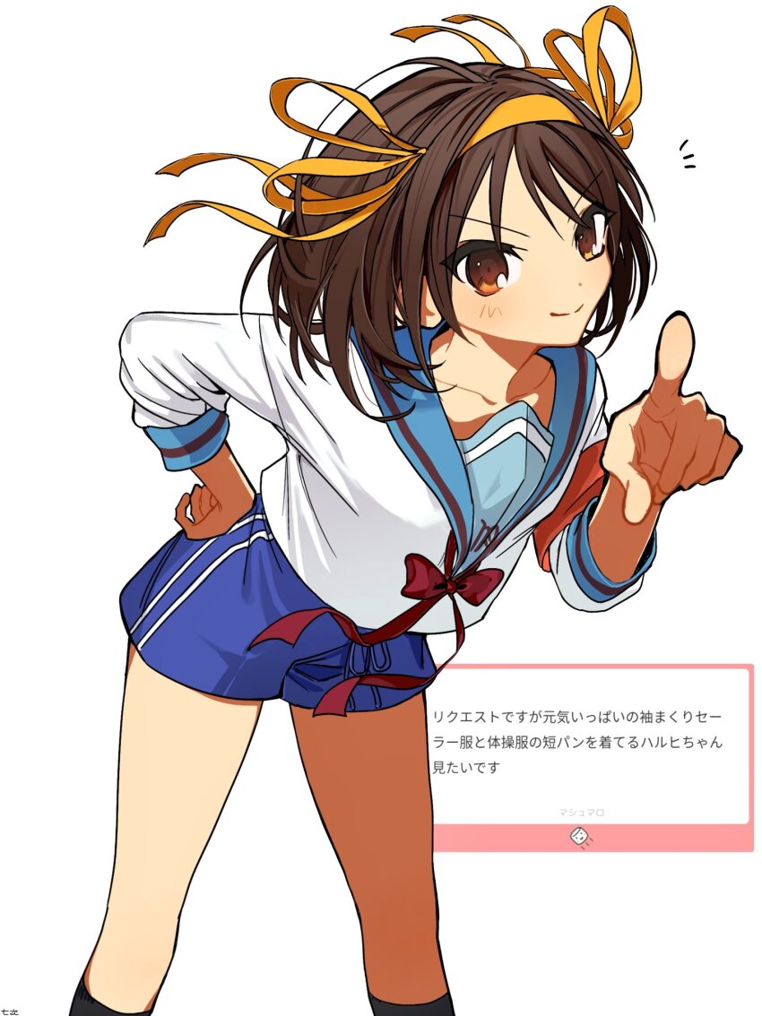 1girl, armband, black_socks, blue_sailor_collar, blue_shorts, brown_eyes, brown_hair, gym_shorts