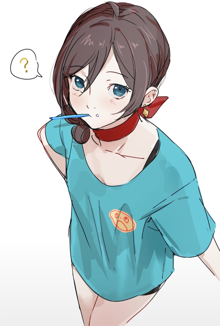 1girl, ?, ace_attorney, alternate_costume, apollo_justice:_ace_attorney, blue_eyes, blue_shirt, brown_hair