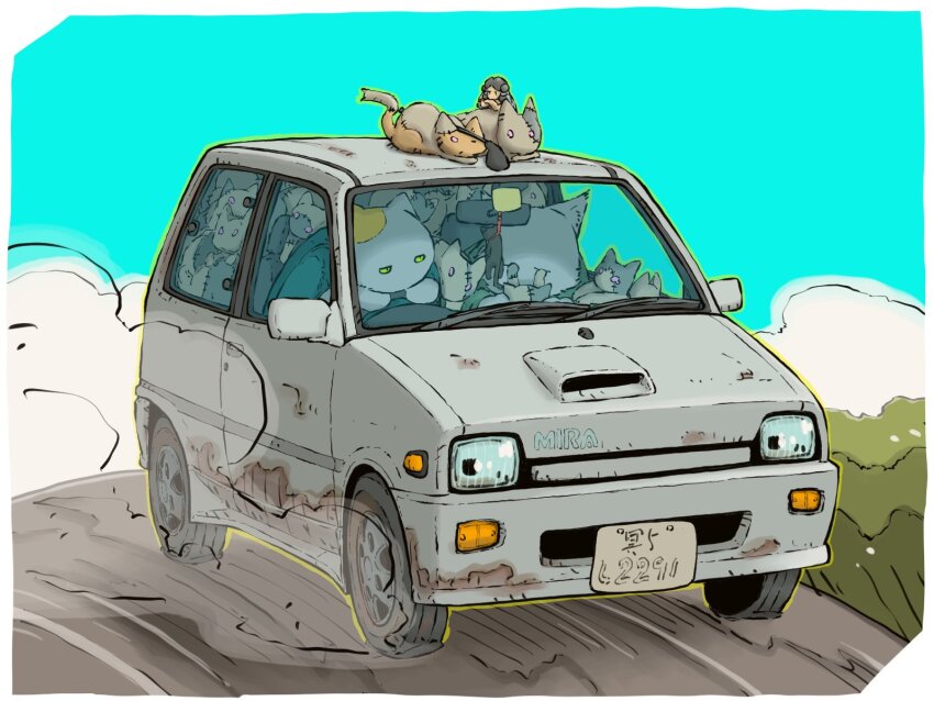 2boys, blue_sky, car, cat, crowded, daihatsu, daihatsu_mira, highres