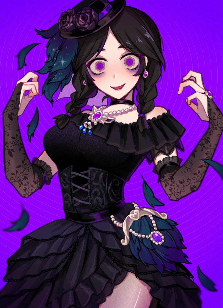 1girl, anne_lester, anne_lester_(hidden), bags_under_eyes, black_bridal_gauntlets, black_choker, black_corset, black_dress