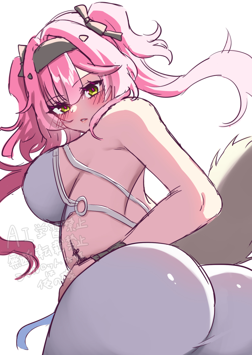 1girl, ass, bare_shoulders, black_bow, black_hairband, blush, bow, breasts