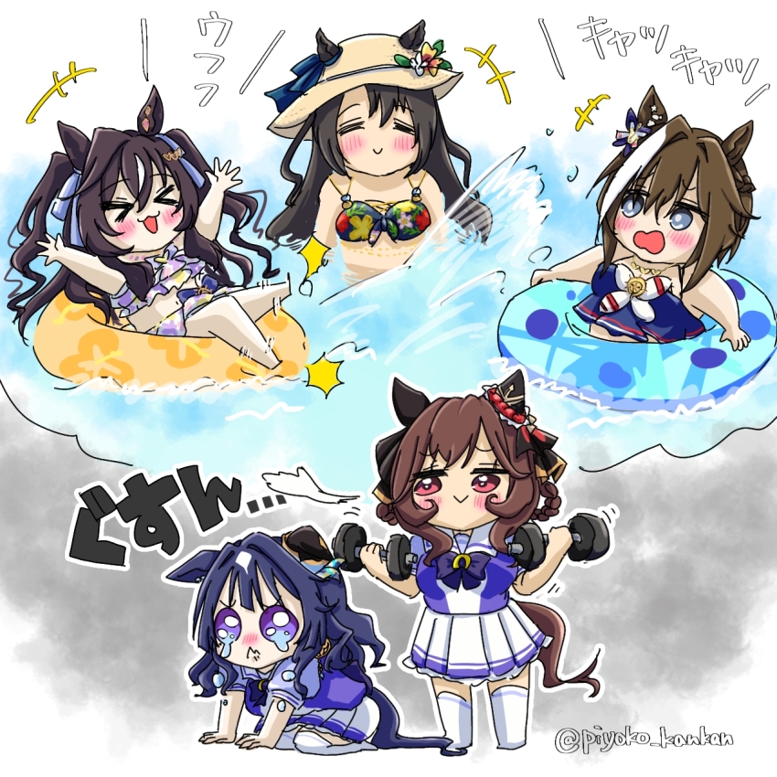 >_<, 5girls, animal_ears, barbell, bikini, blue_bikini, blue_ribbon, blush, bow, bowtie, braid, braided_hair_rings, brown_hair, cheval_grand_(summer_calm_navy_drop)_(umamusume), cheval_grand_(umamusume), crying, ear_covers, ears_through_headwear, floral_print, floral_print_bikini, flower, gentildonna_(umamusume), hair_between_eyes, hair_down, hair_ribbon, hair_rings, hat, hat_flower, highres, horse_ears, horse_girl, horse_tail, horseshoe_ornament, innertube, multicolored_hair, multiple_girls, official_alternate_costume, official_alternate_hairstyle, piyoko_kankan, pleated_skirt, print_bikini, puffy_short_sleeves, puffy_sleeves, purple_bow, purple_bowtie, purple_eyes, purple_serafuku, purple_shirt, red_eyes, ribbon, ruffle_bikini, sailor_collar, sailor_shirt, satono_crown_(sunny_island_splendor)_(umamusume), satono_crown_(umamusume), school_uniform, serafuku, shirt, short_sleeves, single_ear_cover, skirt, straw_hat, streaked_hair, summer_uniform, sun_hat, swim_ring, swimsuit, tail, thighhighs, tracen_school_uniform, twitter_username, umamusume, v_sisters, verxina_(umamusume), vivlos_(eclat_d'ete)_(umamusume), vivlos_(umamusume), wavy_hair, white_skirt, white_streaks, white_thighhighs