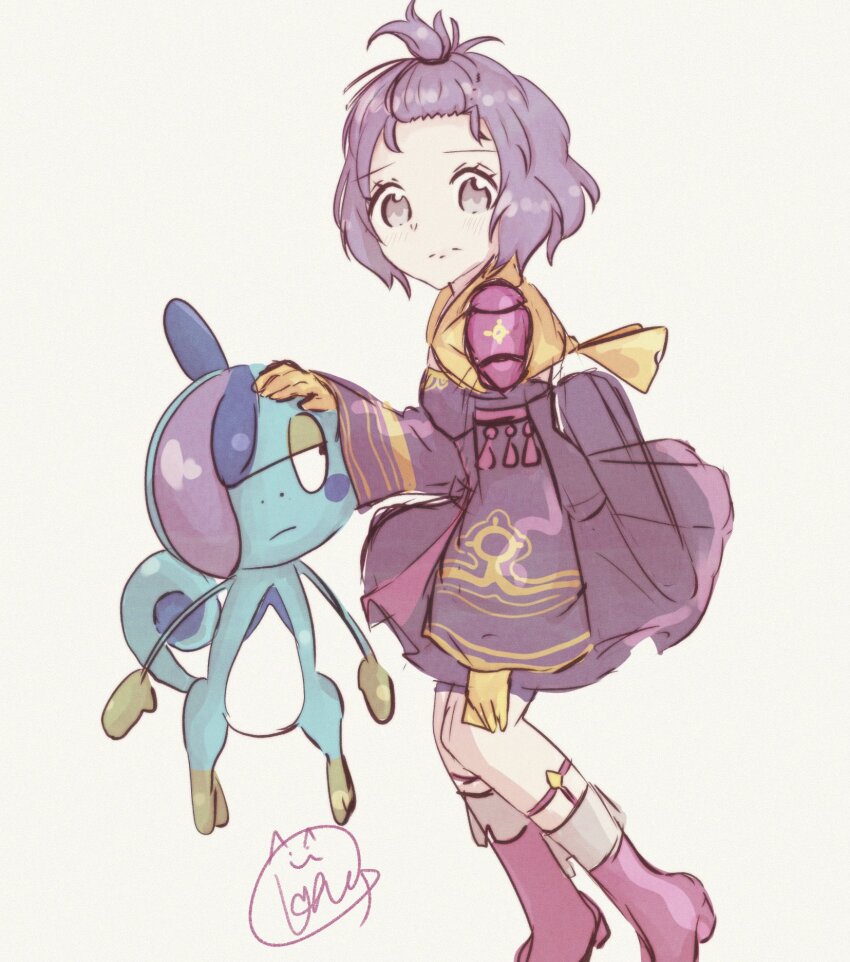 1girl, bernadetta_von_varley, blush, boots, commentary_request, crossover, dress, drizzile