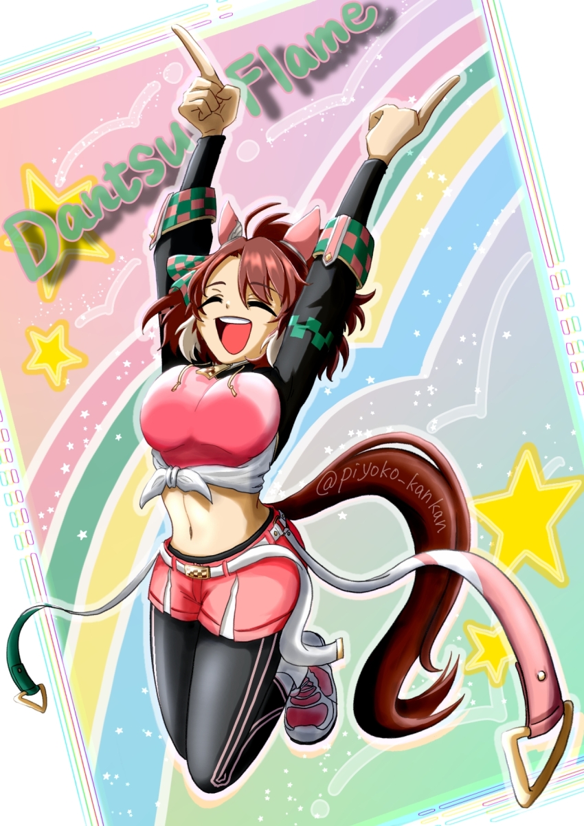 1girl, ^_^, ahoge, animal_ears, arms_up, belt, black_pantyhose, bow, breasts, brown_hair, character_name, checkered_ribbon, closed_eyes, dantsu_flame_(center_spotlight)_(umamusume), dantsu_flame_(umamusume), ear_covers, ear_ribbon, full_body, highres, horse_ears, horse_girl, horse_tail, index_finger_raised, large_breasts, long_sleeves, midriff, navel, pantyhose, pink_shoes, pink_shorts, piyoko_kankan, shirt, shoes, shorts, solo, tail, tied_shirt, twitter_username, umamusume, white_belt, white_hair