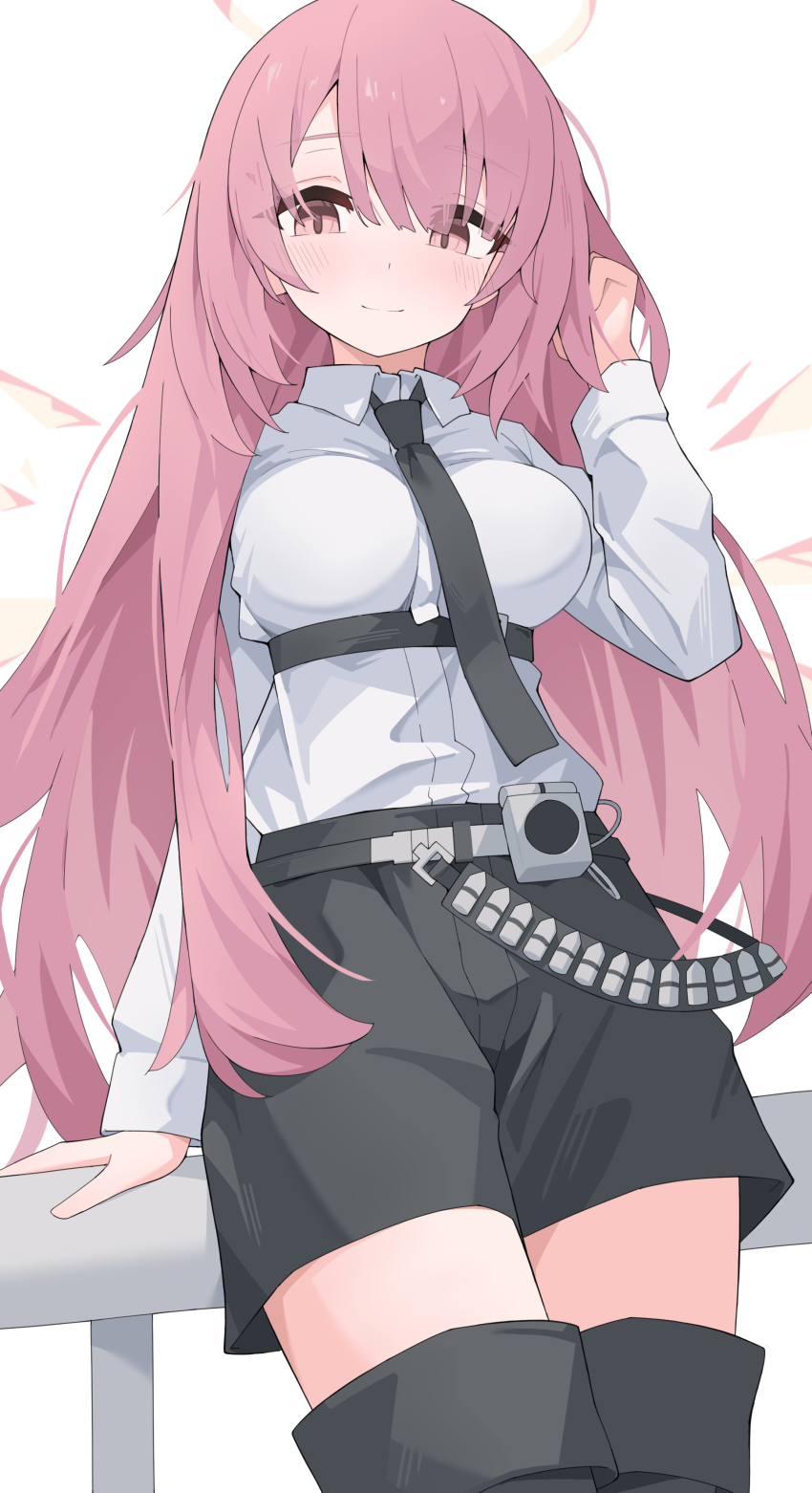 1girl, absurdres, arknights, belt, black_belt, black_necktie, black_shorts, black_thighhighs