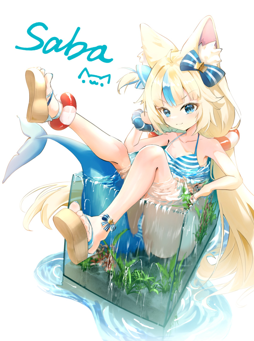 1girl, ahoge, animal_ear_fluff, animal_ears, bare_legs, bare_shoulders, bikini, blonde_hair, blue_bikini, blue_bow, blue_eyes, blue_hair, blue_nails, blunt_bangs, bow, cat_ears, changlincl, character_name, closed_mouth, commentary, feet, fins, fish_tail, fish_tank, full_body, hair_bow, highres, in_container, indie_virtual_youtuber, lifebuoy_hair_ornament, long_hair, looking_at_viewer, multicolored_bikini, multicolored_hair, nail_polish, overflowing, sameko_saba, sandals, shoe_soles, simple_background, smile, solo, streaked_hair, striped_bikini, striped_clothes, swimsuit, tail, toenail_polish, toenails, toes, two-tone_background, two-tone_bikini, very_long_hair, virtual_youtuber, water, white_background