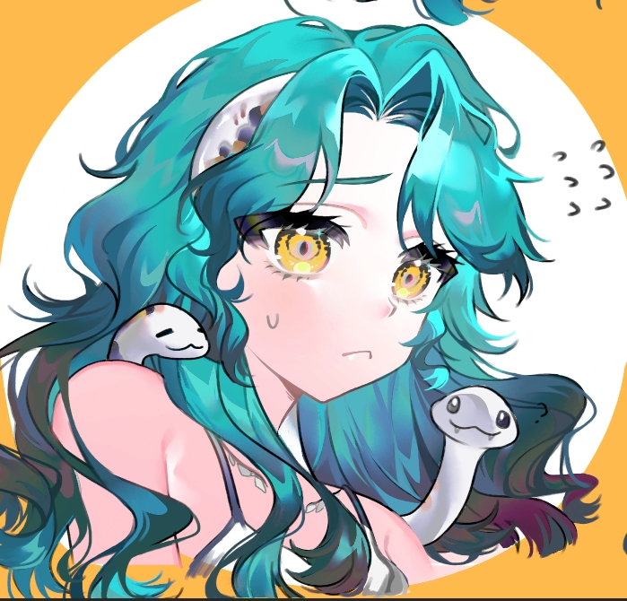 1girl, :<, baizangze, bare_shoulders, blue_hair, border, cropped_torso, flying_sweatdrops