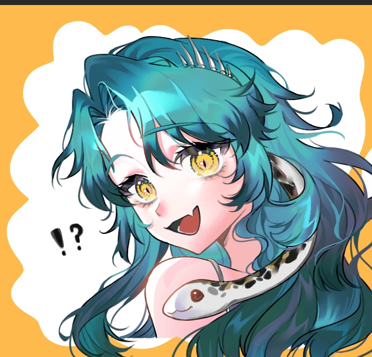 !?, 1girl, :d, baizangze, bare_shoulders, blue_hair, border, cropped_torso