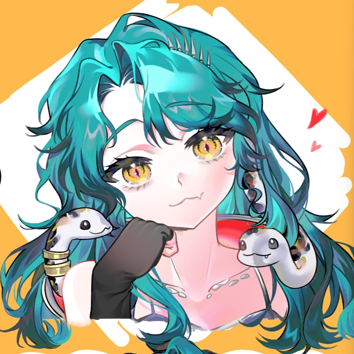 1girl, :3, baizangze, bare_shoulders, black_gloves, blue_hair, border, cropped_torso, fang, fingerless_gloves, gloves, hand_on_own_cheek, hand_on_own_face, hand_up, head_tilt, heart, hissabeth, long_hair, looking_at_viewer, outside_border, portrait, reverse:1999, skin_fang, slit_pupils, snake, snake_on_head, solo, spaghetti_strap, white_background, yellow_border, yellow_eyes