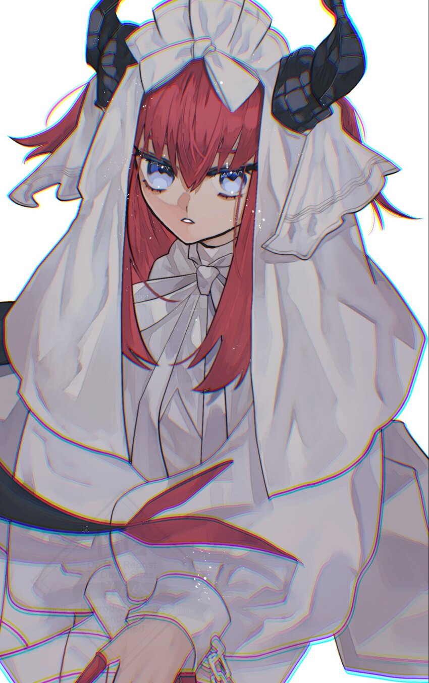 1girl, blue_eyes, colored_extremities, cuffs, dragon_girl, dragon_horns, dragon_tail, dress, elizabeth_of_the_end_(fate), fate/grand_order, fate_(series), handcuffs, highres, horns, lolita_fashion, long_hair, looking_at_viewer, moryo_1, open_mouth, red_hair, simple_background, solo, tail, two_side_up, veil, white_background, white_dress, white_headdress, white_veil