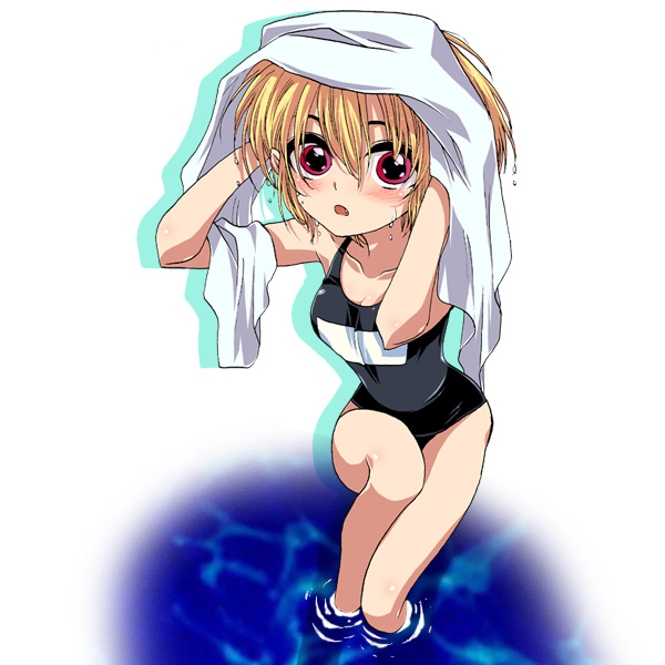 00s, 1girl, :o, black_one-piece_swimsuit, blonde_hair, blush, fang, female_focus