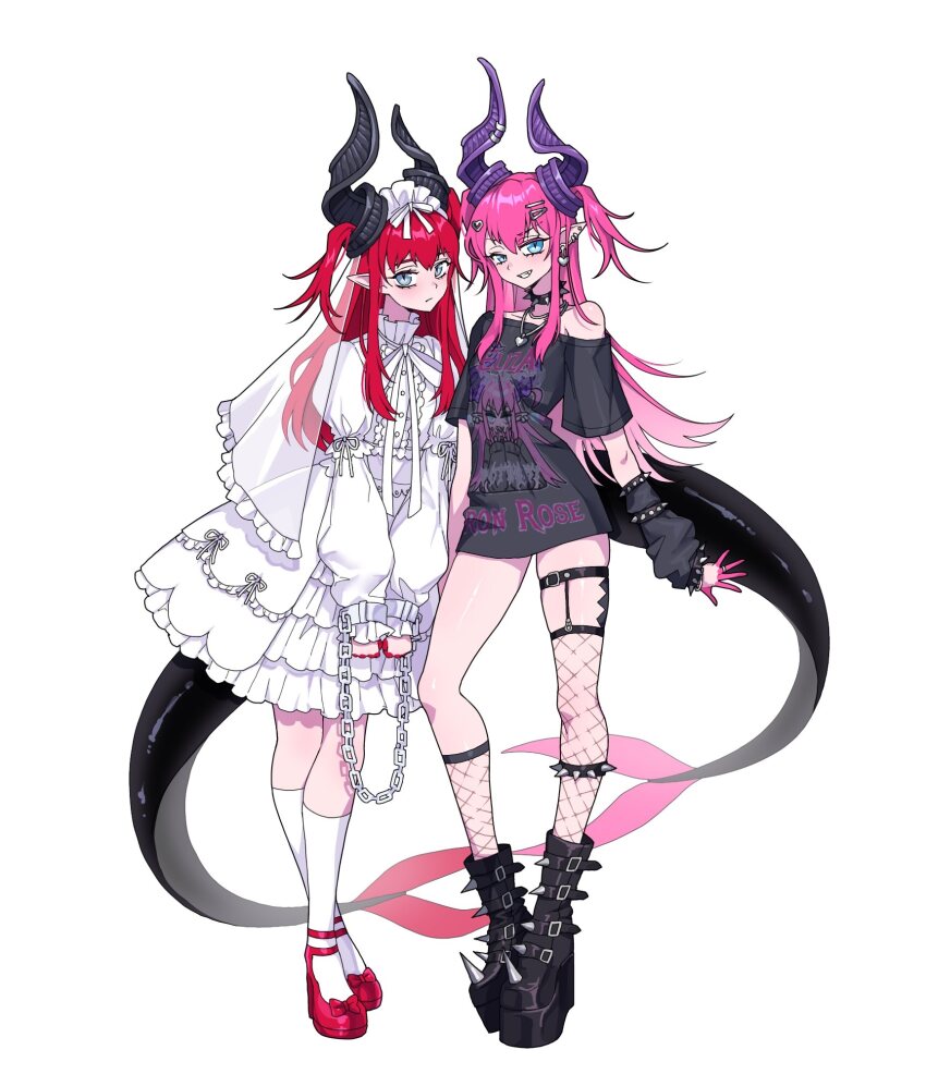 2girls, arm_warmers, asymmetrical_horns, asymmetrical_legwear, blue_eyes, boots, bound, bound_wrists