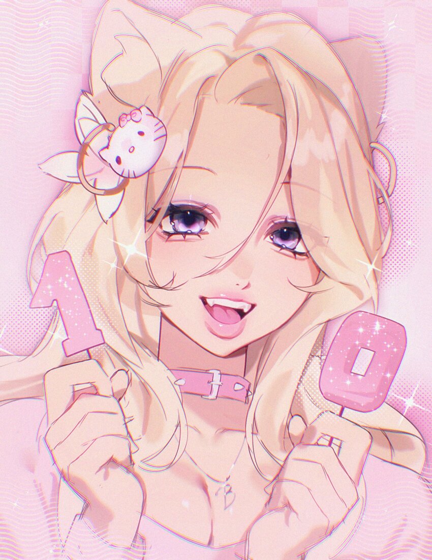 1girl, aegyo_sal, animal_earrings, animal_ears, b_(letter), belt_collar, betty_(noisykoala), blonde_hair, breasts, cat_ears, cat_girl, cat_hair_ornament, checkered_background, chromatic_aberration, cleavage, collar, curtained_hair, earrings, eyelashes, eyeshadow, fangs, flower, forehead, gold_earrings, gradient_background, hair_between_eyes, hair_flower, hair_ornament, halftone, happy, hello_kitty, highres, holding, hoop_earrings, jewelry, long_hair, looking_at_viewer, makeup, milestone_celebration, necklace, noisykoala, number_candle, open_mouth, original, parted_bangs, pink_background, pink_collar, pink_eyeshadow, pink_flower, pink_shirt, pink_theme, portrait, purple_eyes, sanrio, shirt, silver_necklace, sketch, smile, sparkle, spiked_collar, spikes, teeth, thick_lips, tongue, two-tone_flower, upper_teeth_only, white_flower