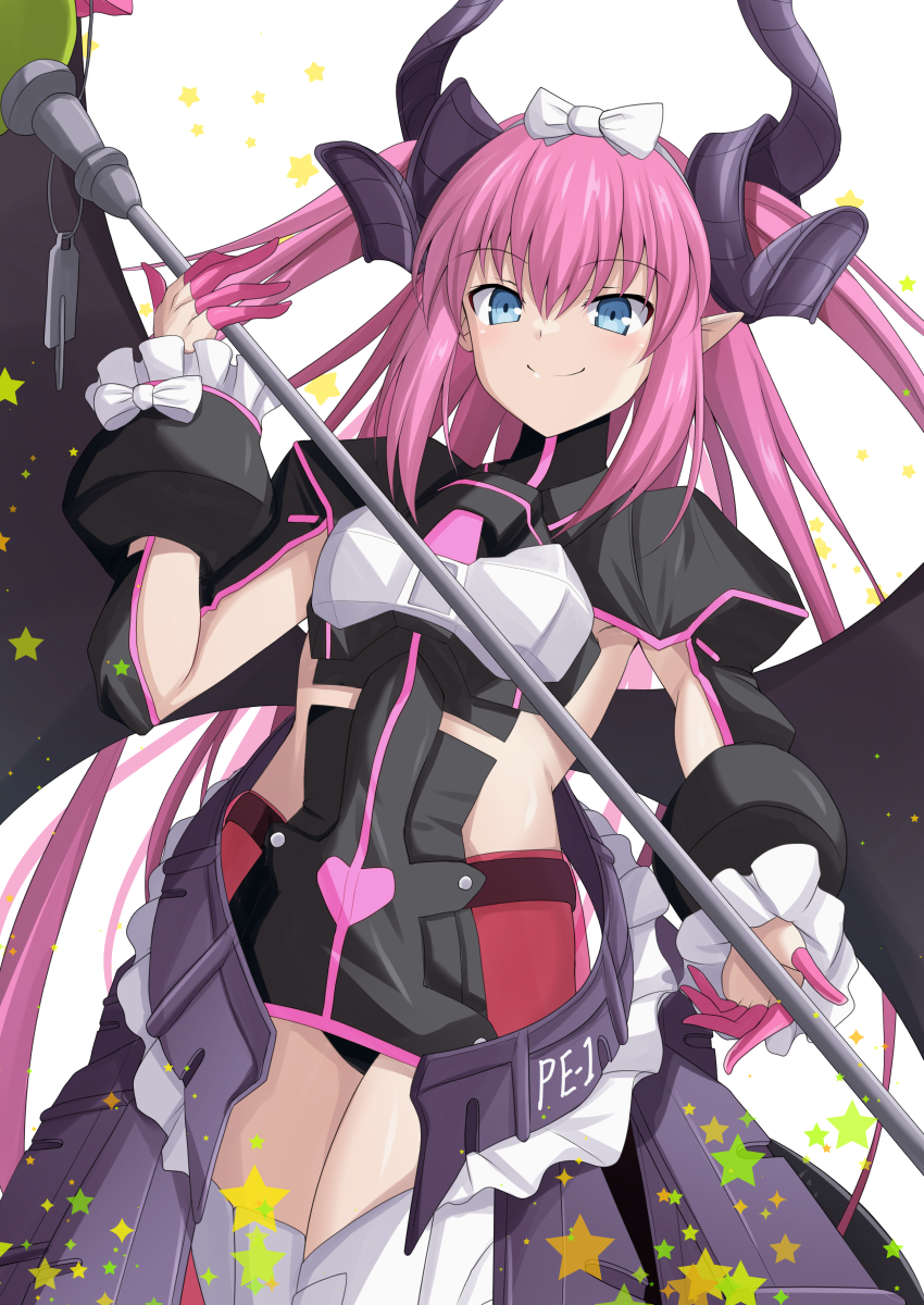 1girl, black_dress, blue_eyes, blush, bow, breasts, cross_(crossryou), curled_horns, dragon_horns, dragon_tail, dragon_wings, dress, elizabeth_bathory_(fate), elizabeth_bathory_(perfect)_(third_ascension)_(fate), fate/grand_order, fate_(series), hairband, highres, horns, layered_skirt, long_hair, long_sleeves, looking_at_viewer, mechanical_dress, pink_hair, pink_skirt, pink_trim, pointy_ears, polearm, skirt, small_breasts, smile, solo, spear, tail, thighhighs, thighs, two_side_up, weapon, white_thighhighs, wings