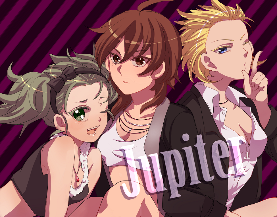 3girls, ahoge, amagase_touma, bad_id, bad_pixiv_id, blonde_hair, blue_eyes, bow