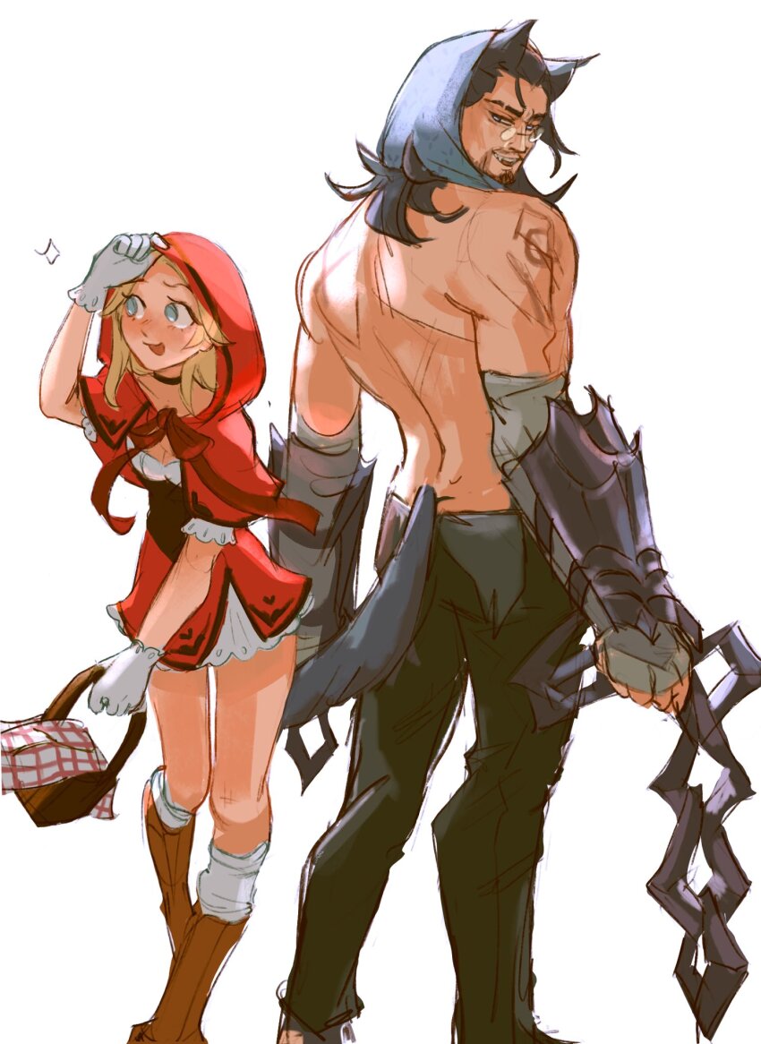 1boy, 1girl, alternate_costume, animal_ears, armor, beard, big_bad_wolf, big_bad_wolf_(cosplay), black_hair, black_pants, blonde_hair, boots, chain, chiffonfae, commentary, cosplay, english_commentary, facial_hair, fang, gloves, highres, holding, holding_chain, hood, hood_up, knee_boots, league_of_legends, little_red_riding_hood_(fairy_tale_character), little_red_riding_hood_(fairy_tale_character)_(cosplay), long_hair, looking_back, lux_(league_of_legends), muscular, muscular_male, pants, red_hood, simple_background, standing, sylas_(league_of_legends), tail, teeth, topless_male, white_background, white_gloves, wolf_boy, wolf_ears, wolf_tail