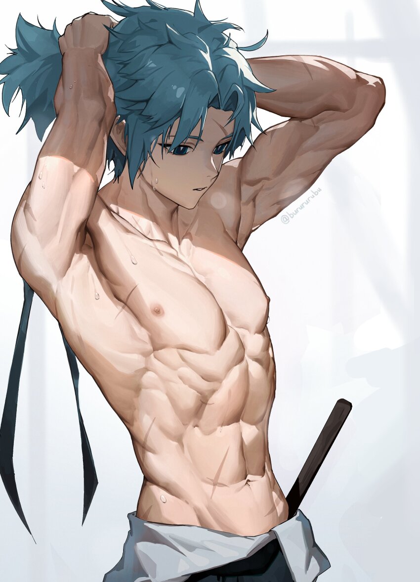 1boy, absurdres, black_hakama, blue_eyes, burururubu, fate/grand_order, fate_(series), hair_tie, hakama, highres, japanese_clothes, male_focus, multiple_scars, muscular, muscular_male, pectorals, ponytail, scar, scar_on_arm, scar_on_chest, scar_on_face, scar_on_forehead, scar_on_stomach, shinai, short_ponytail, solo, sword, topless_male, toudou_heisuke_(fate), toudou_heisuke_(final_ascension)_(fate), tying_hair, weapon, white_background, white_hair, wooden_sword