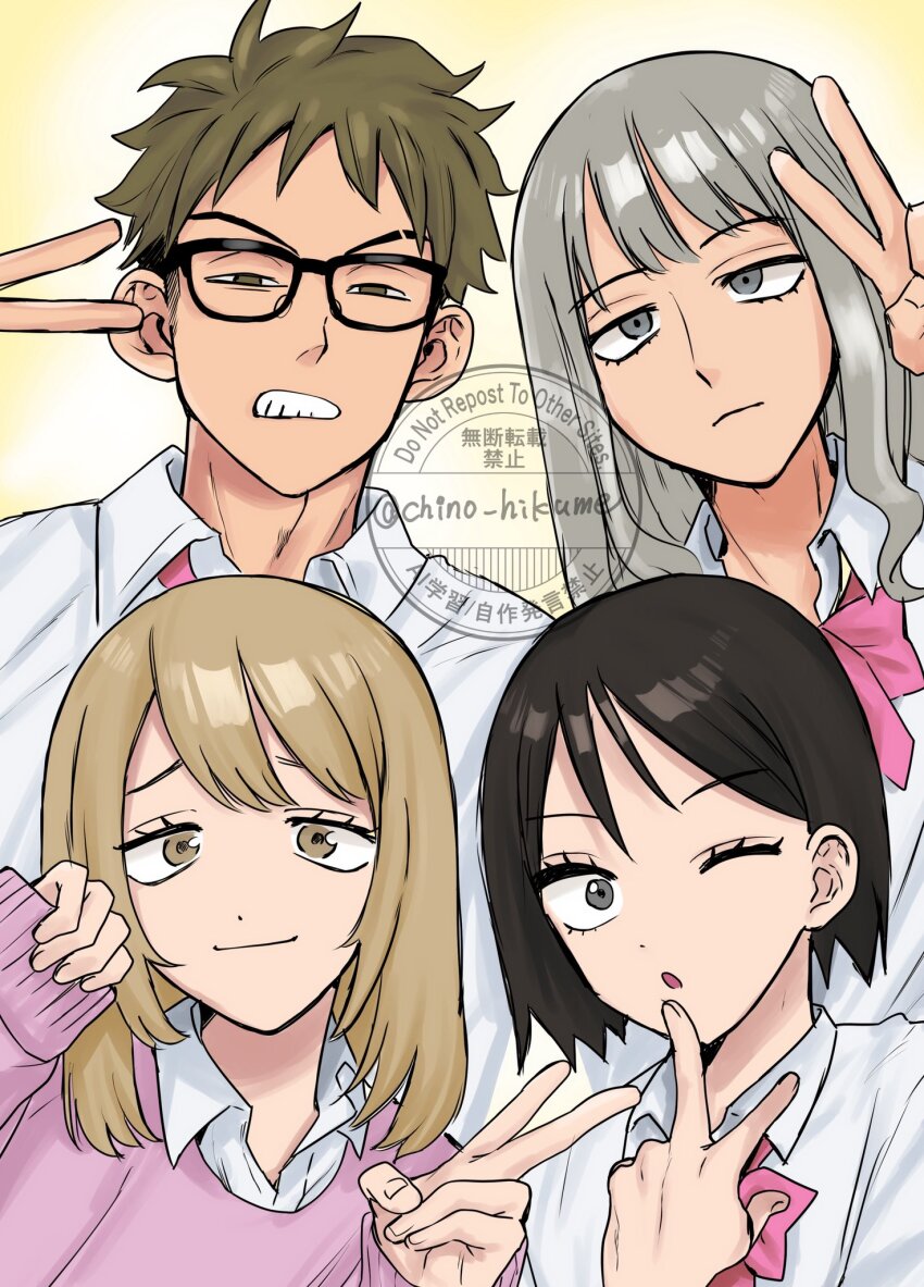 4boys, :o, alternate_hair_length, alternate_hairstyle, black-framed_eyewear, black_hair, bow, bowtie