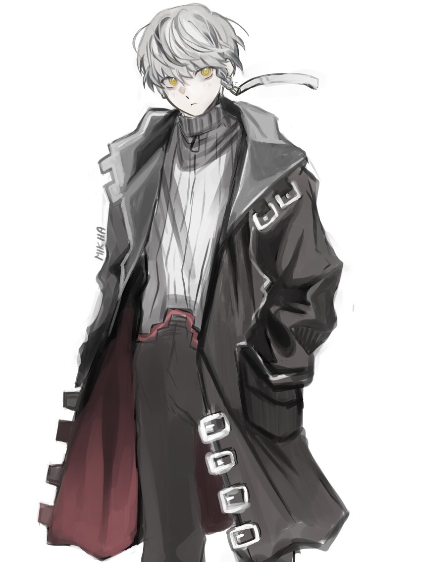 1boy, absurdres, artist_name, black_coat, black_pants, braid, closed_mouth, coat, commentary, cosplay, feet_out_of_frame, frown, grey_hair, grey_sweater, hands_in_pockets, hashtag-only_commentary, highres, izanagi_(persona_4), izanagi_(persona_4)_(cosplay), long_sleeves, looking_to_the_side, male_focus, narukami_yu, pants, persona, persona_4, ribbed_sweater, short_hair, side_braid, simple_background, sketch, solo, standing, sweater, turtleneck, turtleneck_sweater, white_background, yellow_eyes, yuu_nui