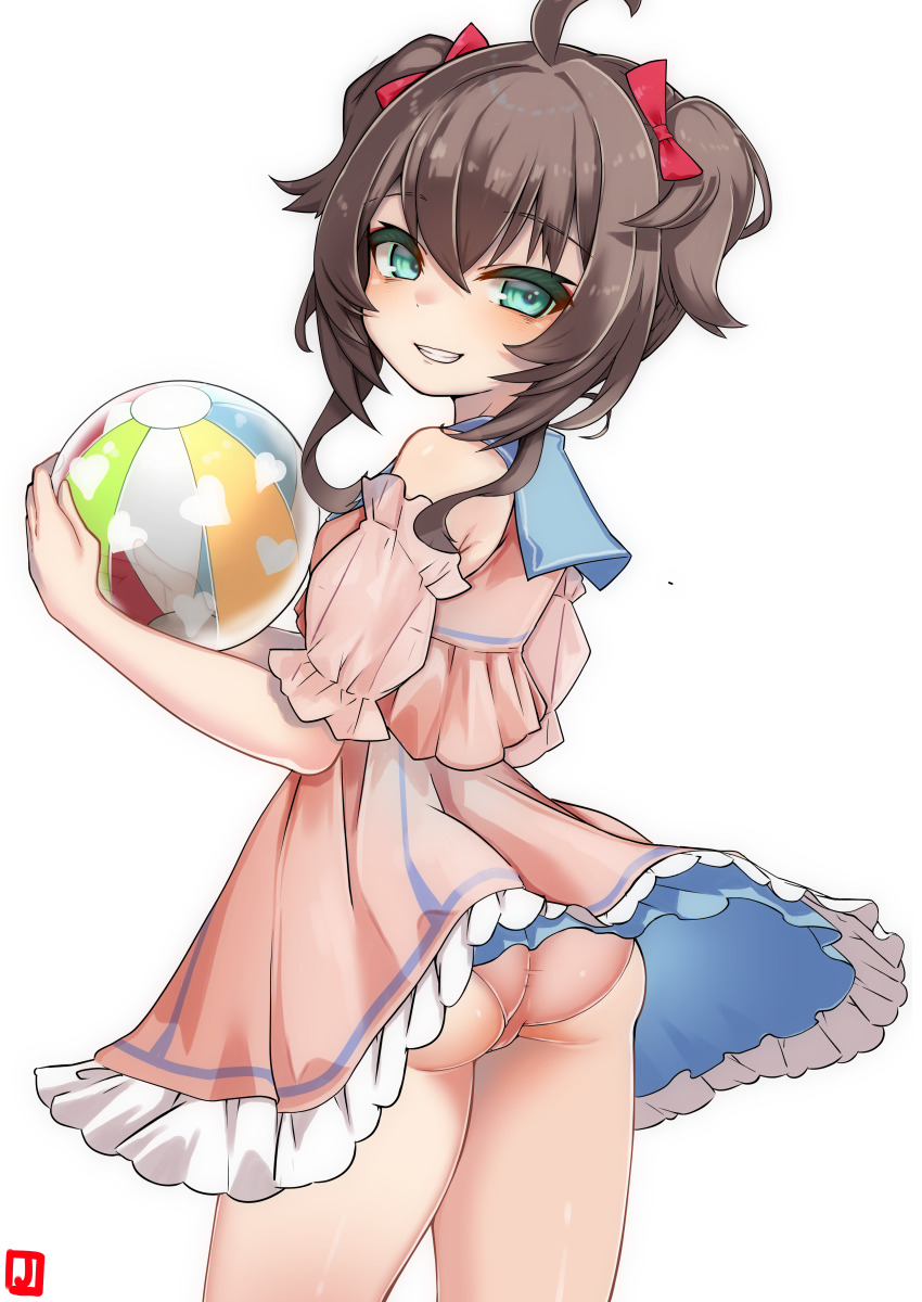 1girl, :d, absurdres, ahoge, aqua_eyes, ass, ball, beachball