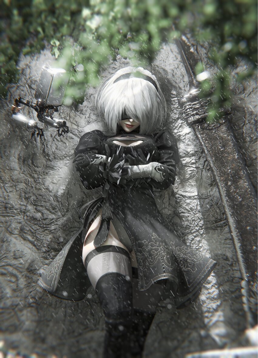 1girl, 2b_(nier:automata), beastlord_(sword), black_thighhighs, covered_eyes, crossed_arms, devy_(hapidevy), highres, juliet_sleeves, long_sleeves, nier:automata, nier_(series), pod_(nier:automata), puffy_sleeves, rain, short_hair, thighhighs, white_hair