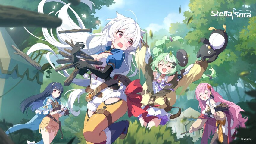 4girls, black_gloves, black_pantyhose, blue_boots, blue_hair, blue_sky, boots, breasts