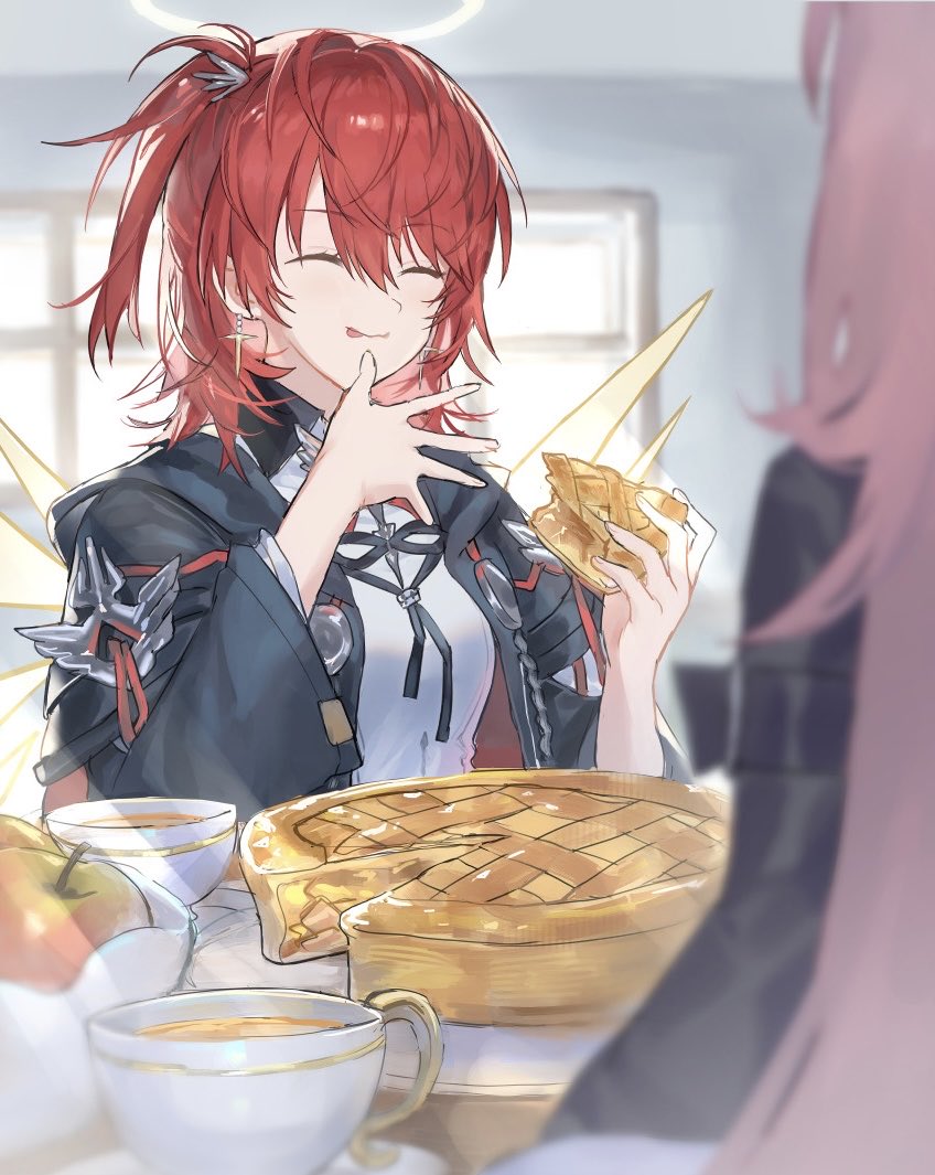 2girls, angel, apple, apple_pie, arknights, black_jacket, breasts, commentary_request