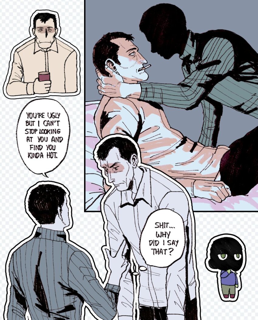 2boys, black_hair, black_pants, blue_sweater, blush, cigarette, closed_eyes, collared_shirt