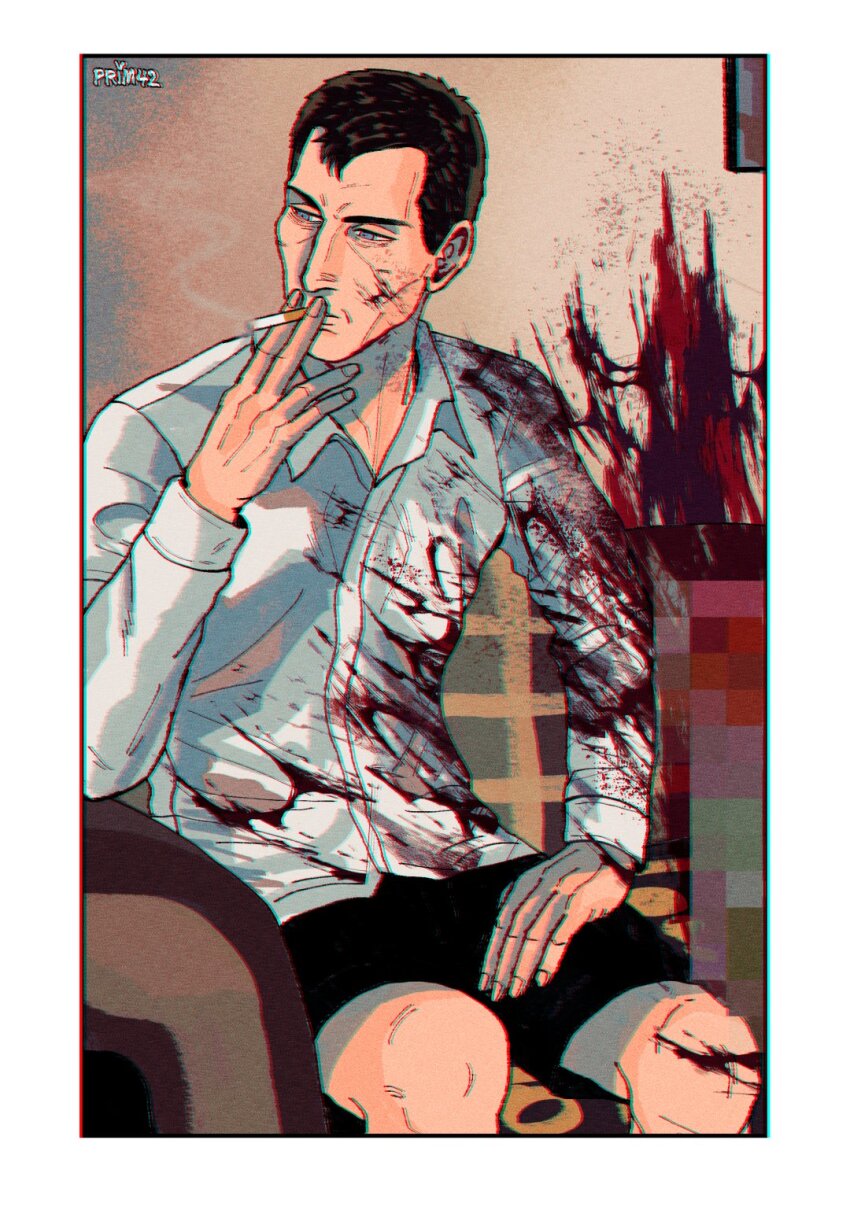 1boy, black_hair, black_shorts, blood, blood_on_clothes, blood_on_face, blood_on_leg, blood_on_wall