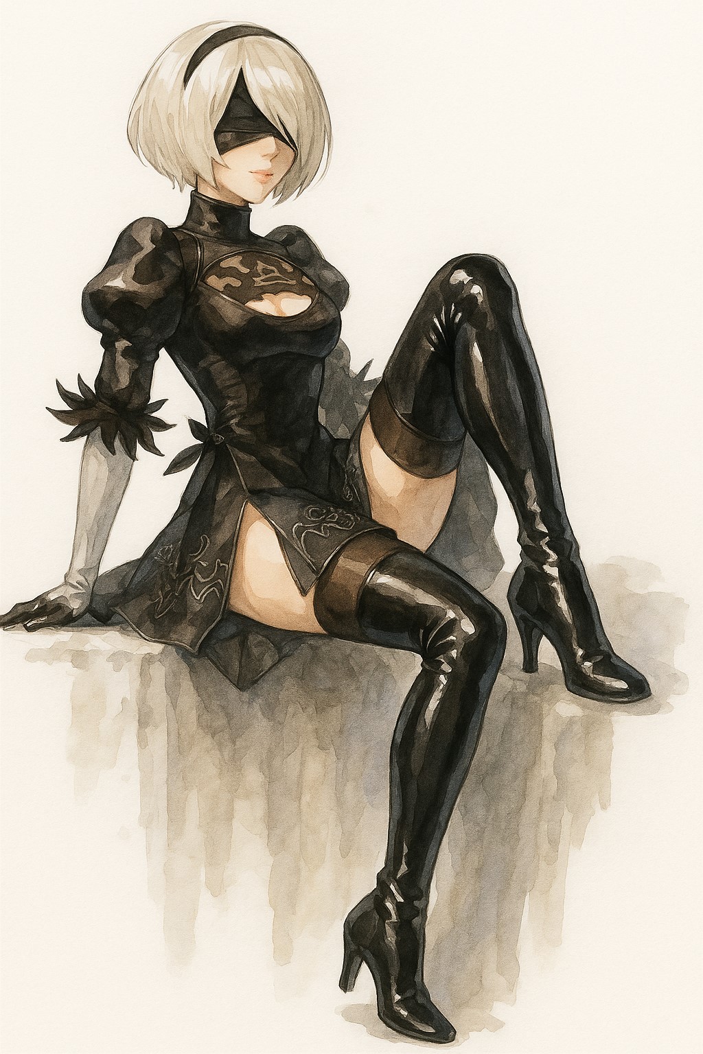 1girl, 2b_(nier:automata), adog, black_boots, black_dress, black_gloves, black_hairband, black_thighhighs