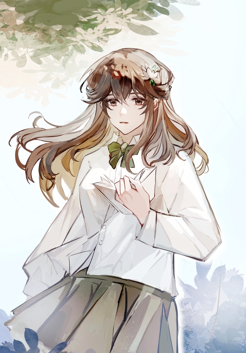 1girl, alternate_costume, book, bow, bowtie, brown_eyes, brown_hair, bush