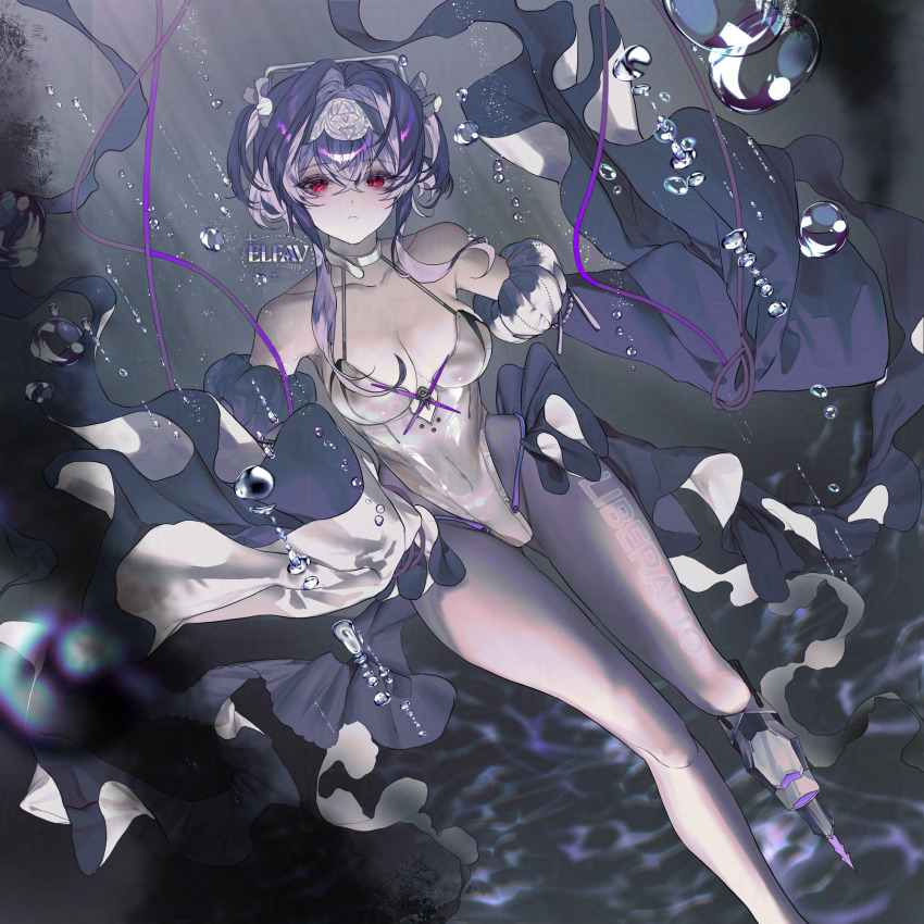 1girl, air_bubble, armored_footwear, breasts, bubble, commentary, elfav, goddess_of_victory:_nikke