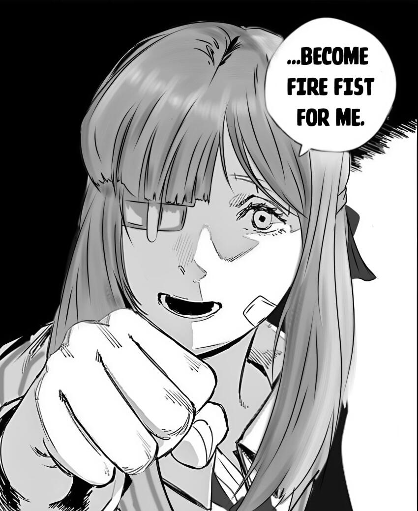 absurdres, bow, clenched_hand, collared_shirt, eyepatch, fire_punch, firefist_office_(identity)_(project_moon), gregor_(project_moon)