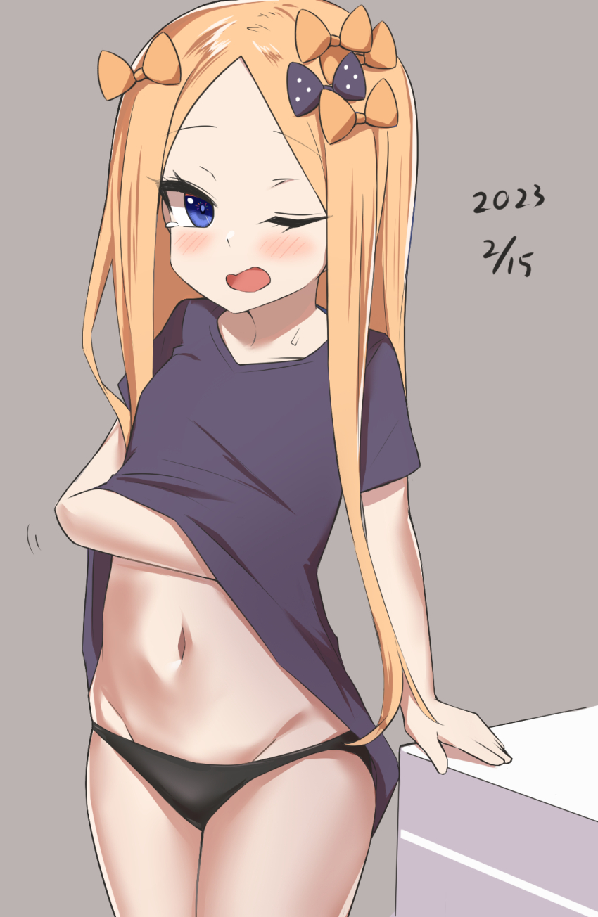 1girl, ;d, abigail_williams_(fate), black_bow, black_panties, black_shirt, blonde_hair, blue_eyes