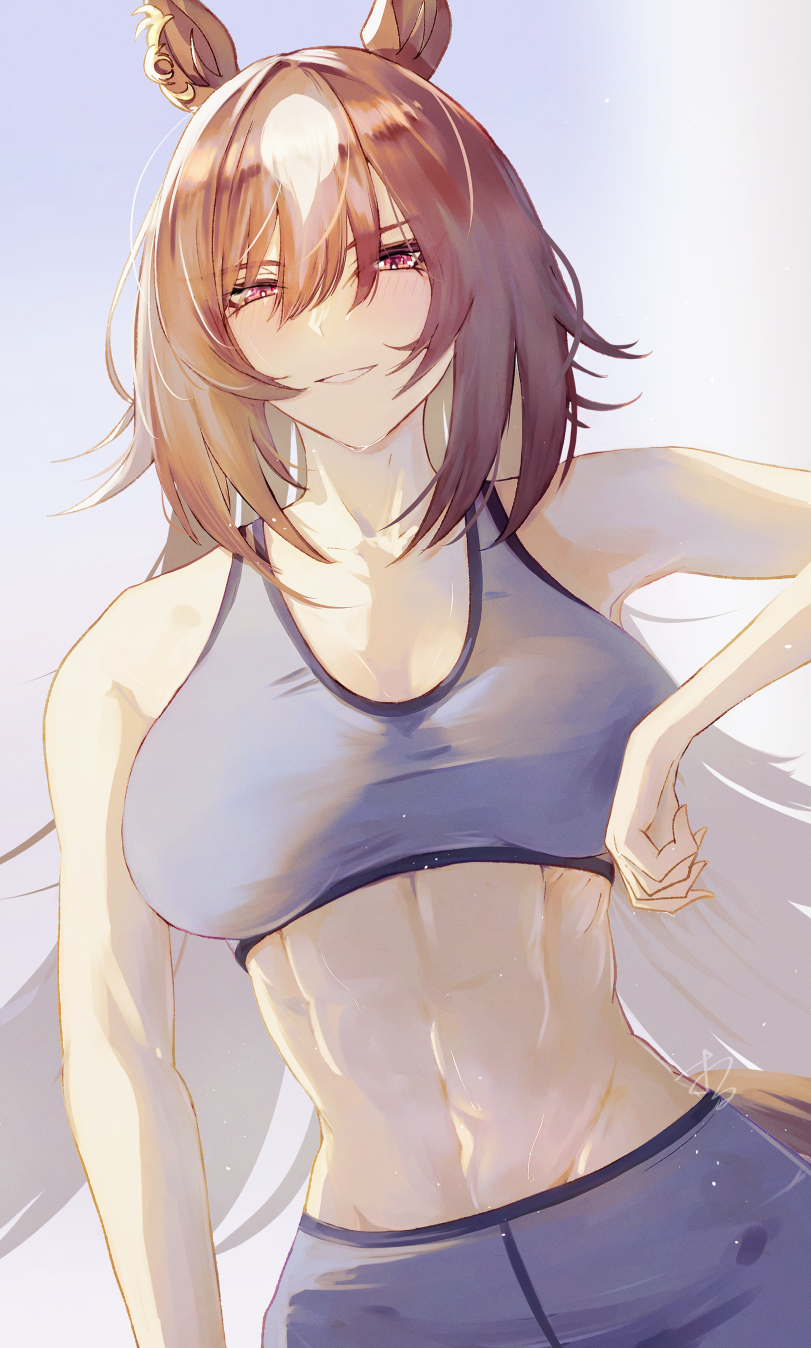 1girl, abs, animal_ears, bare_shoulders, blush, breasts, brown_hair, grey_shorts