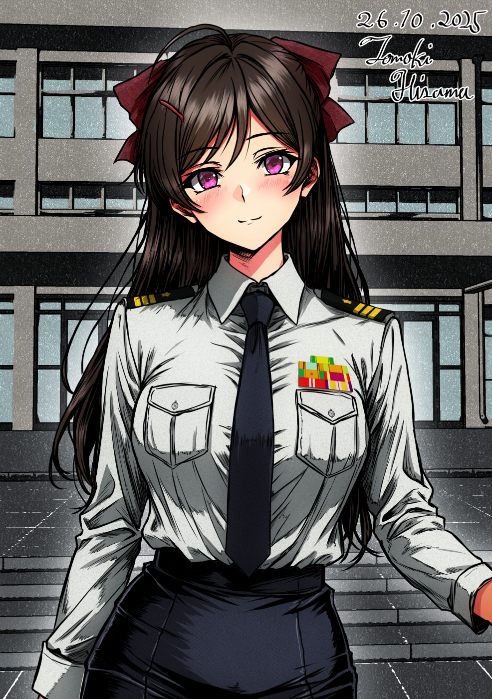 1girl, ahoge, alternate_costume, artist_name, black_necktie, black_skirt, blush, breasts