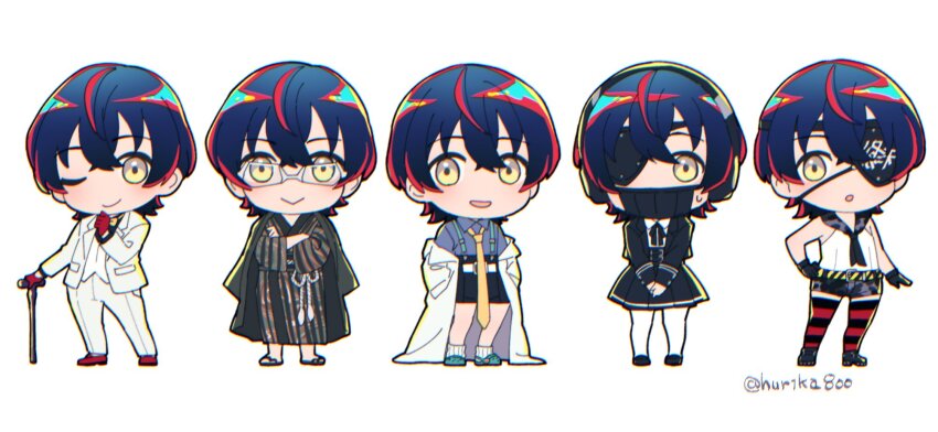 5girls, :>, :o, belt, bespectacled, black_belt, black_gloves, black_hair