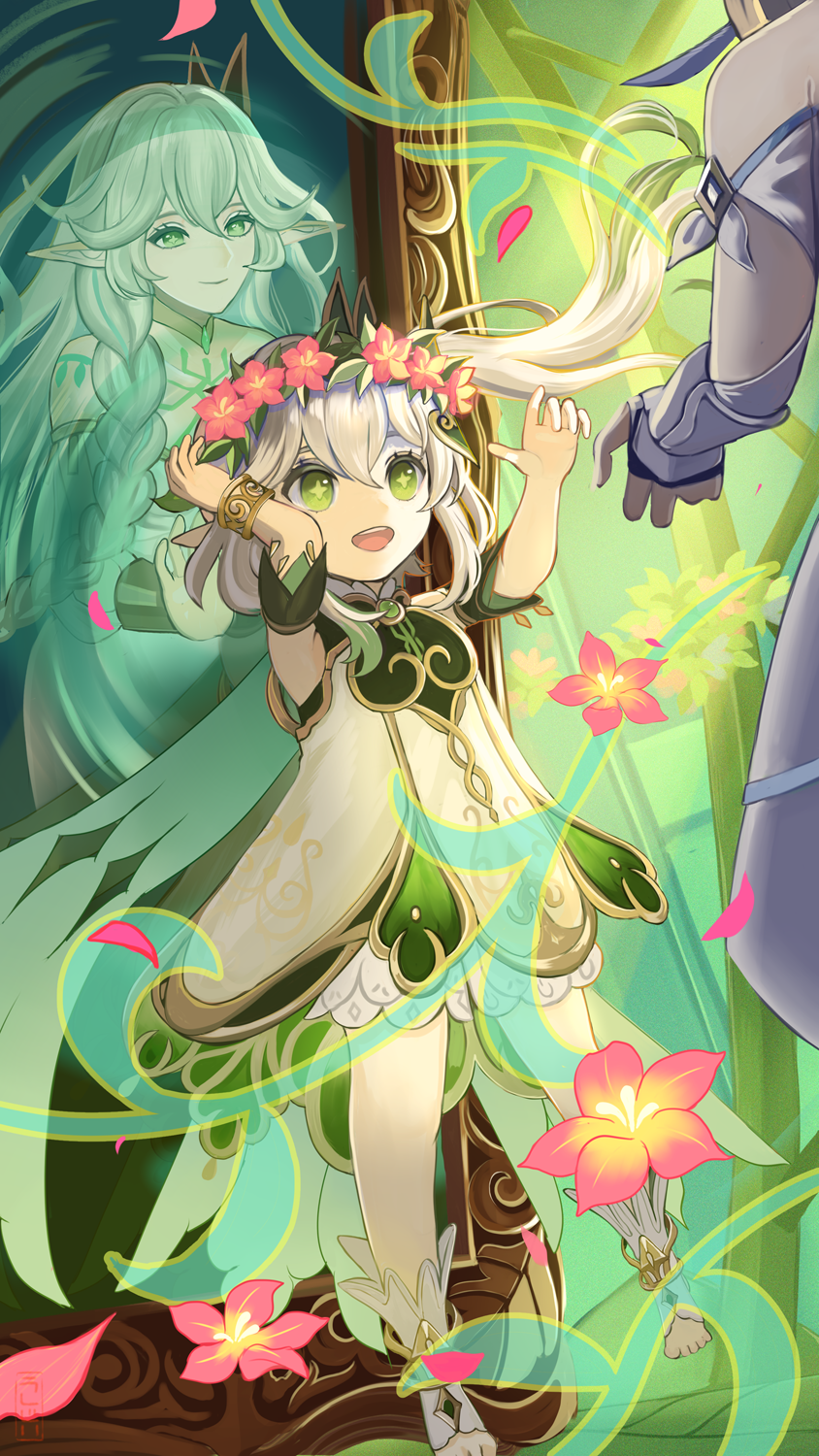 3girls, bare_shoulders, bloomers, blue_flower, braid, commentary_request, cross-shaped_pupils, detached_sleeves