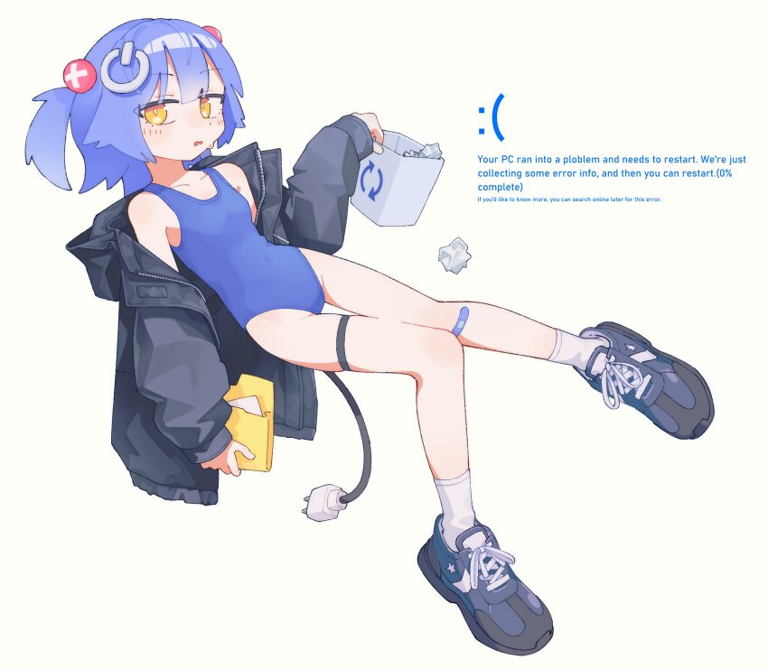 1girl, absurdres, bandaid, bandaid_on_knee, bandaid_on_leg, bare_shoulders, black_jacket, blue_hair